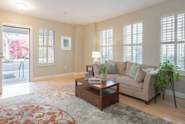 living room with light hardwood / wood-style floors and a healthy amount of sunlight