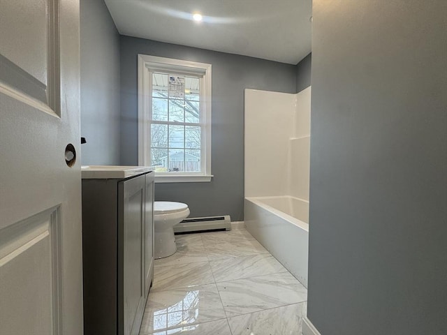 full bath featuring baseboards, toilet, marble finish floor, bathtub / shower combination, and a baseboard heating unit