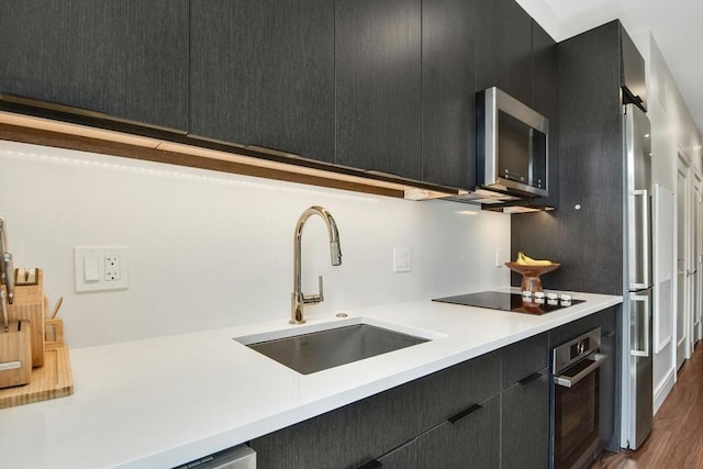 kitchen with dark hardwood / wood-style floors, sink, decorative backsplash, and stainless steel appliances