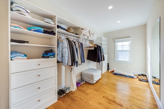 spacious closet featuring light hardwood / wood-style flooring