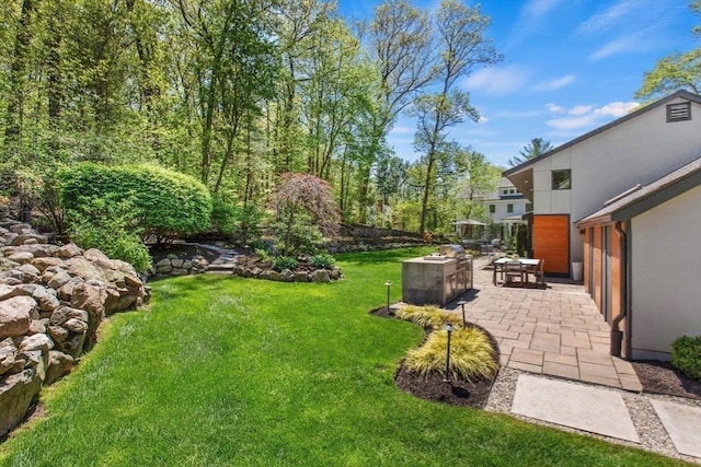 view of grassy yard with a patio
