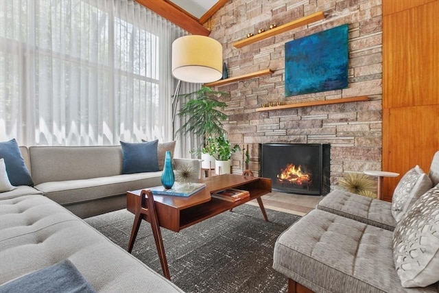 living room featuring a fireplace