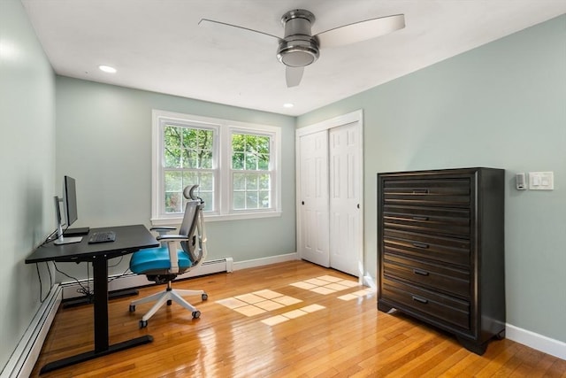 office space featuring ceiling fan, light wood-style floors, baseboards, and recessed lighting