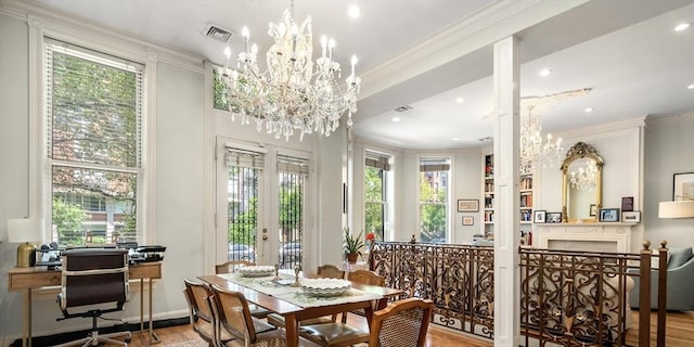 341 Beacon Unit 2F, Boston, MA 02116 - dining area with wood finished floors, ornamental molding, a chandelier, an office area, and recessed lighting