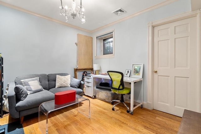 341 Beacon Unit 2F, Boston, MA 02116 - home office featuring light wood-style floors, ornamental molding, and a chandelier