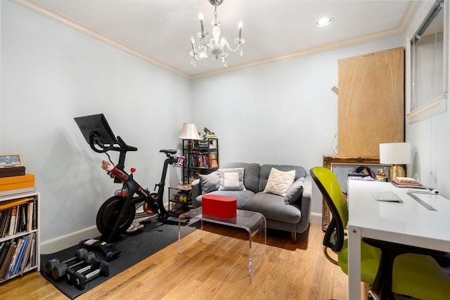 341 Beacon Unit 2F, Boston, MA 02116 - exercise room with wood finished floors, ornamental molding, a chandelier, and recessed lighting