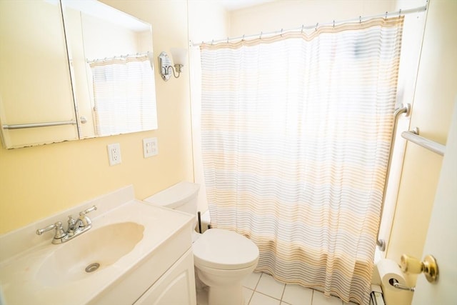 bathroom with a shower with curtain, toilet, tile patterned floors, and vanity