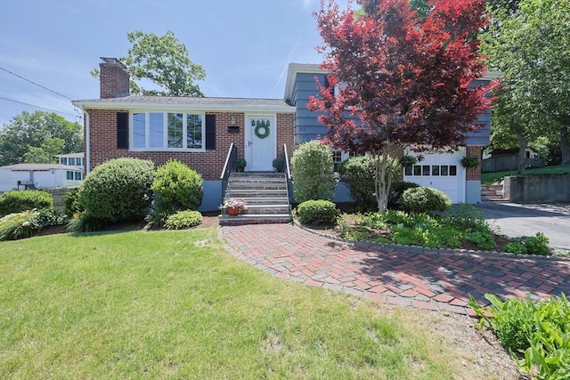 61 Colwell, Dedham, MA 02026 - view of front of house featuring brick siding, a garage, a front lawn, and a chimney