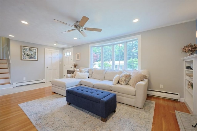 61 Colwell, Dedham, MA 02026 - living room with a baseboard heating unit, a ceiling fan, recessed lighting, and wood finished floors