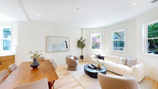 living room featuring light wood-type flooring, recessed lighting, and baseboards