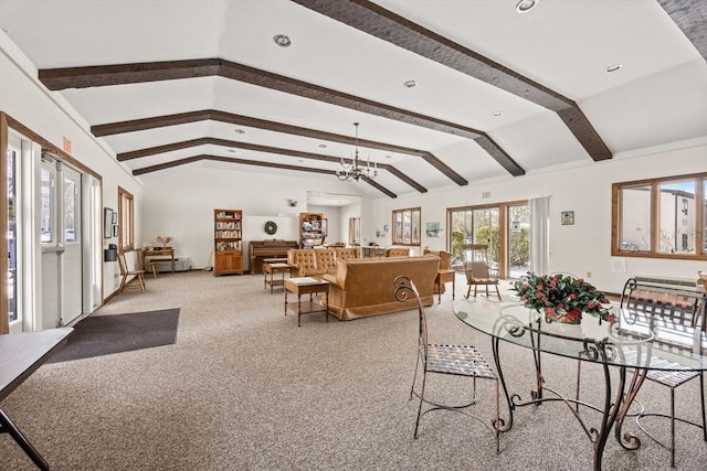 carpeted dining room with lofted ceiling with beams and a notable chandelier