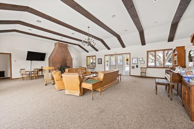 living room featuring a notable chandelier, carpet, a brick fireplace, and vaulted ceiling with beams