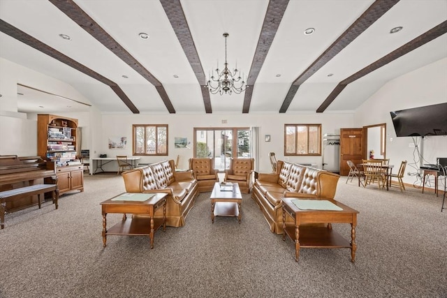 carpeted living room with french doors, a chandelier, and vaulted ceiling with beams