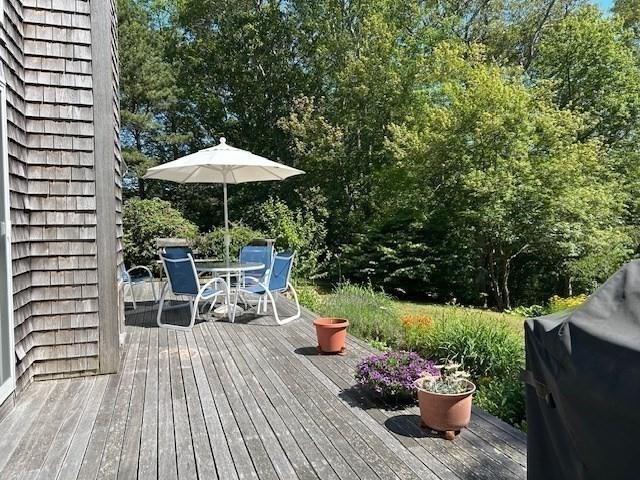 190 Longview Rd, West Tisbury, MA 02575 - wooden deck featuring outdoor dining area