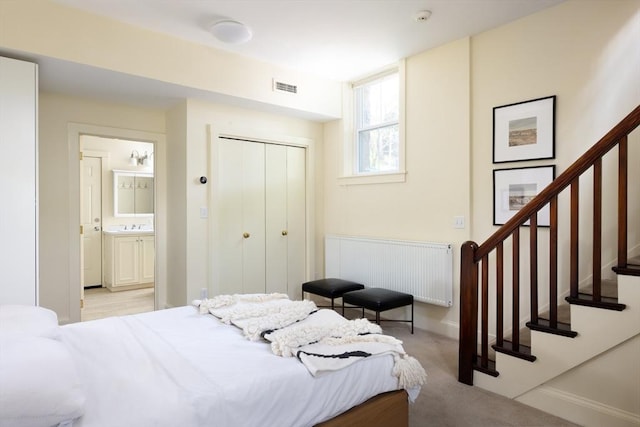 371 Walnut St, Brookline, MA 02445 - bedroom featuring ensuite bath, carpet floors, a closet, radiator heating unit, and visible vents