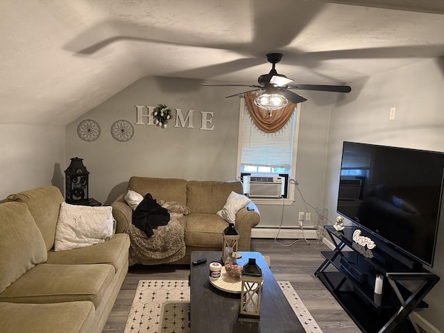 808 Walnut St, Fall River, MA 02720 - living area featuring wood finished floors, vaulted ceiling, a ceiling fan, cooling unit, and baseboard heating