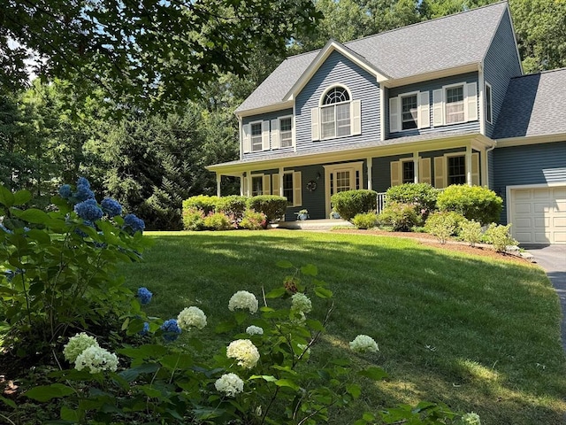 colonial home featuring a front yard, driveway, roof with shingles, covered porch, and a garage