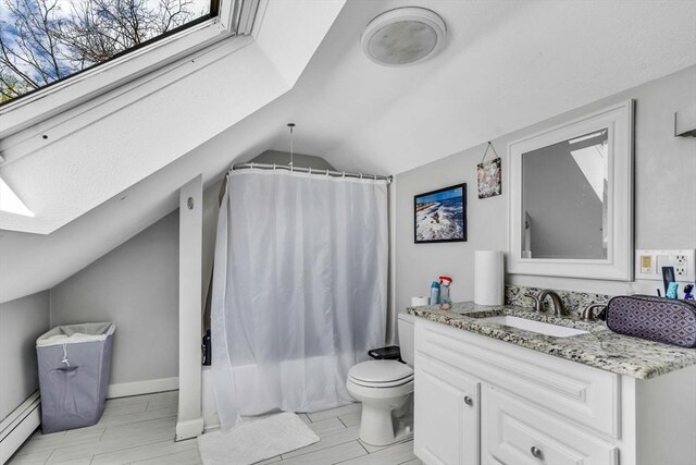 bathroom with lofted ceiling, toilet, a baseboard heating unit, vanity, and wood tiled floor