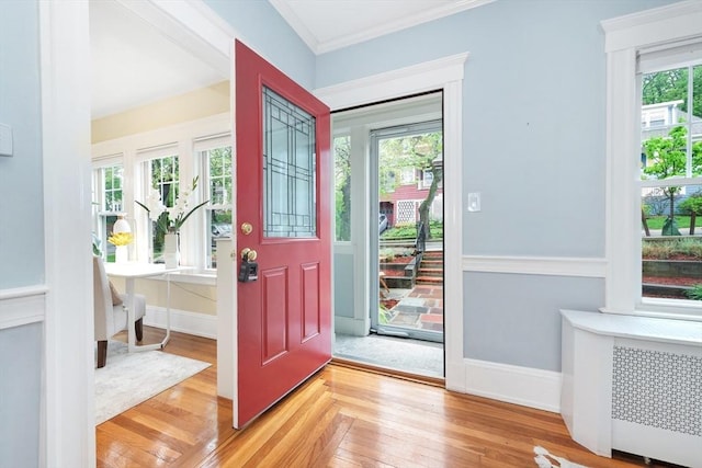 foyer entrance with plenty of natural light, light wood finished floors, radiator, crown molding, and baseboards