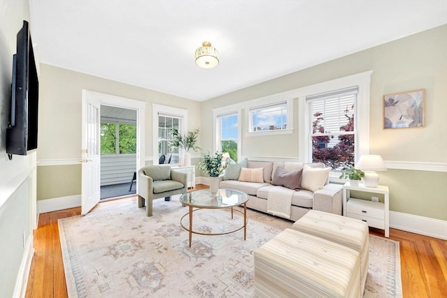 living area featuring light wood finished floors and baseboards