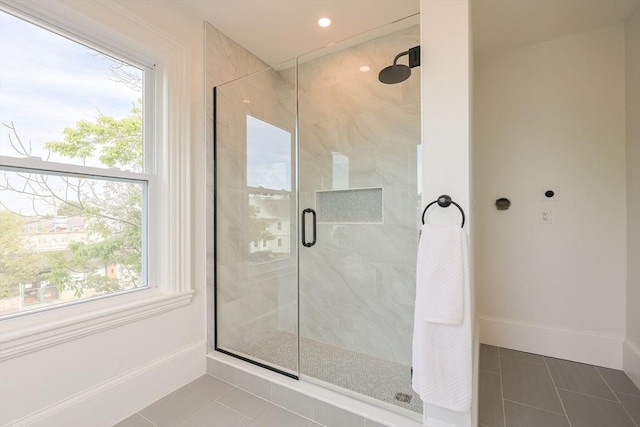 179 Main Unit 2, Medford, MA 02155 - bathroom featuring tile patterned floors, a stall shower, baseboards, and recessed lighting