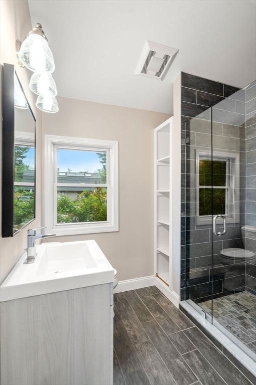 13 Campello Rd, Framingham, MA 01701 - bathroom with toilet, vanity, a stall shower, and healthy amount of natural light