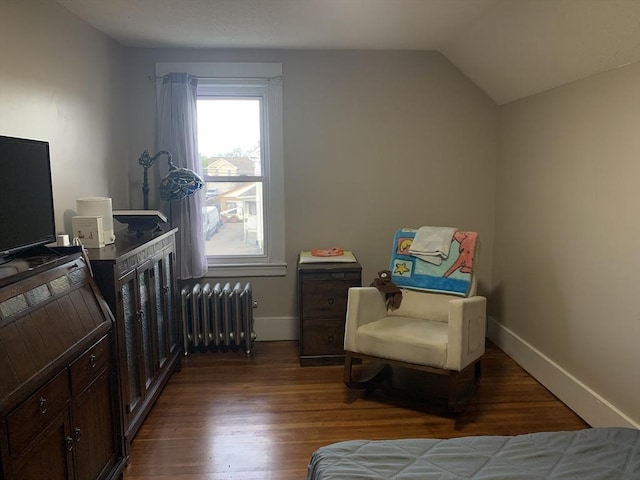 living area featuring radiator, wood finished floors, baseboards, and lofted ceiling