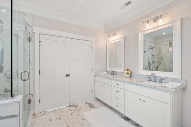 68 Summer St Unit B, Natick, MA 01760 - full bathroom with ornamental molding, a marble finish shower, double vanity, and marble finish flooring