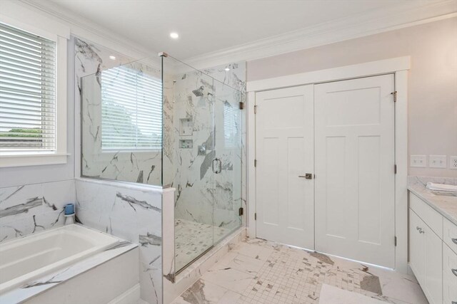 68 Summer St Unit B, Natick, MA 01760 - full bathroom with ornamental molding, a marble finish shower, a bath, marble finish flooring, and vanity