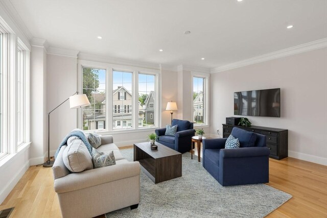 68 Summer St Unit B, Natick, MA 01760 - living room with ornamental molding, baseboards, light wood-type flooring, and recessed lighting