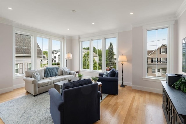 68 Summer St Unit B, Natick, MA 01760 - living room with ornamental molding, light wood-style floors, baseboards, and recessed lighting