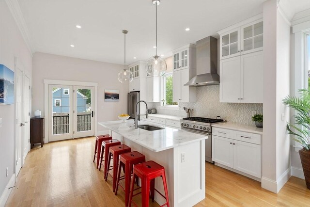 68 Summer St Unit B, Natick, MA 01760 - kitchen featuring high quality appliances, wall chimney range hood, a sink, light wood-style floors, and decorative backsplash