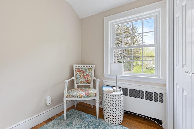 118 Academy Ave, Weymouth, MA 02188 - sitting room with radiator, healthy amount of natural light, wood finished floors, lofted ceiling, and baseboards