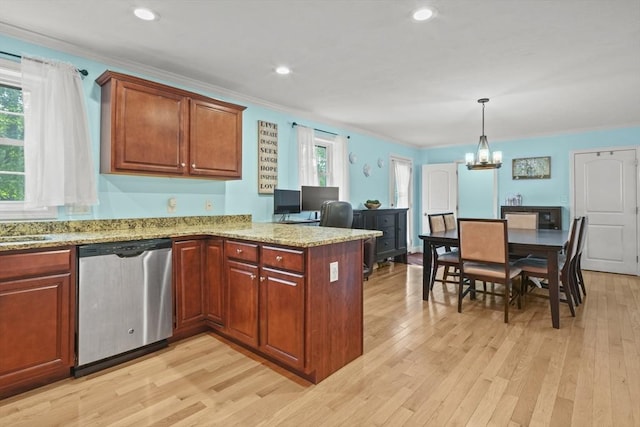 41 Belmont Ave Unit 41, Haverhill, MA 01830 - kitchen with stainless steel dishwasher, a peninsula, a chandelier, light wood-style floors, and crown molding