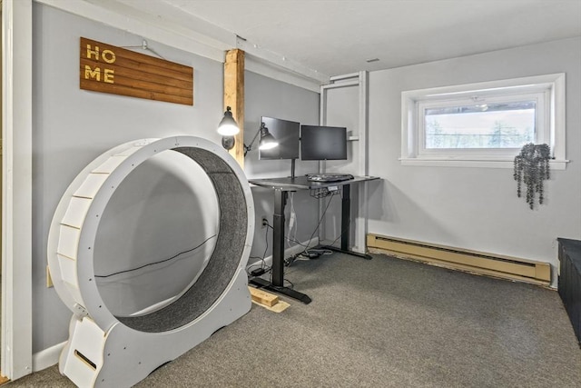 interior space with baseboard heating and carpet flooring
