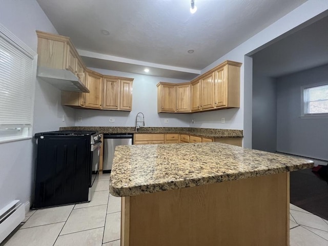 kitchen with a baseboard heating unit, stainless steel dishwasher, range with electric cooktop, and light brown cabinets