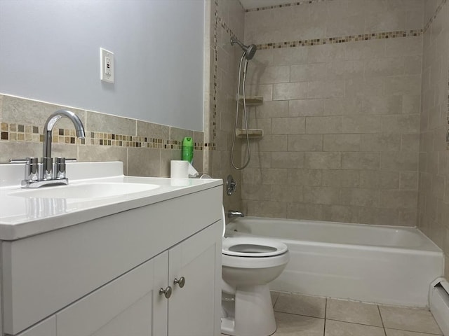 full bathroom featuring tile walls, vanity, tile patterned floors, toilet, and tiled shower / bath