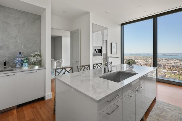 kitchen with a sink, dark wood-style flooring, a wall of windows, and plenty of natural light