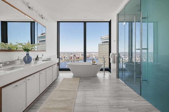 bathroom featuring a soaking tub, double vanity, floor to ceiling windows, and a sink