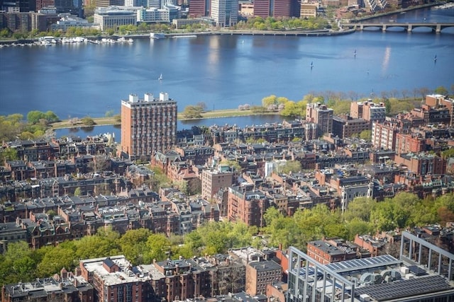 bird's eye view with a water view and a view of city