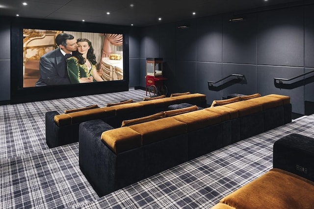 home theater featuring recessed lighting and carpet