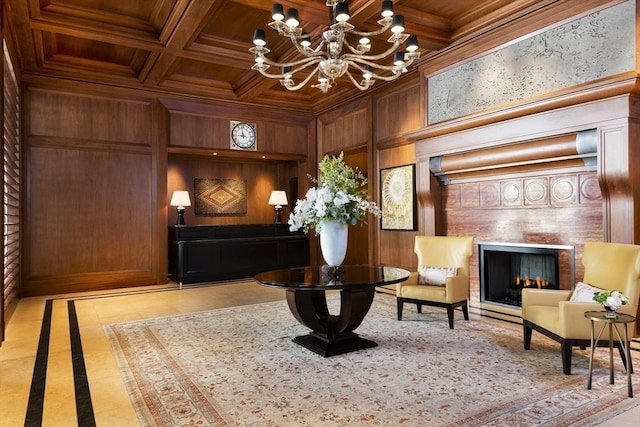 interior space with a chandelier, wood ceiling, wood walls, and a tile fireplace
