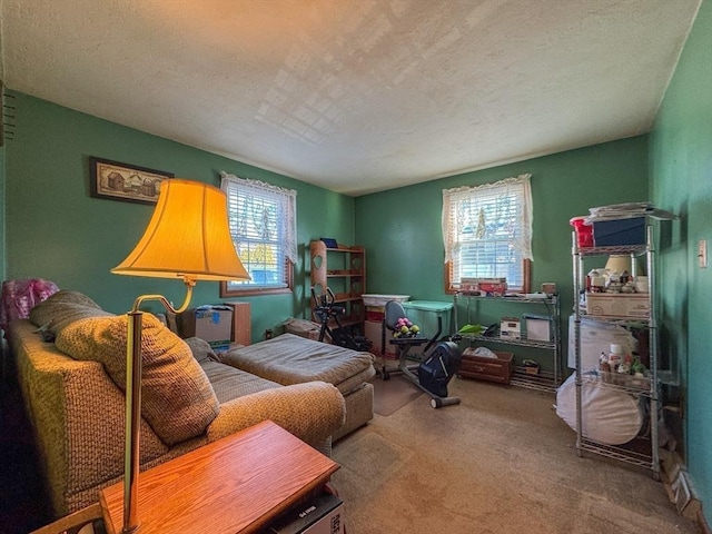 sitting room featuring a textured ceiling, a healthy amount of sunlight, and carpet floors