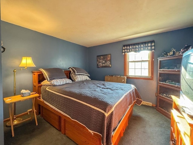 bedroom with dark colored carpet