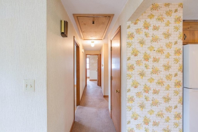 28 Marks Rd, Weymouth, MA 02189 - hallway featuring light colored carpet, attic access, and wallpapered walls