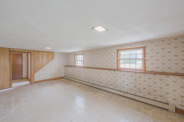 28 Marks Rd, Weymouth, MA 02189 - below grade area featuring a baseboard radiator, wallpapered walls, and baseboards