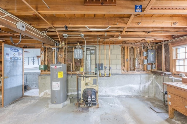 28 Marks Rd, Weymouth, MA 02189 - basement featuring water heater, electric panel, and a heating unit