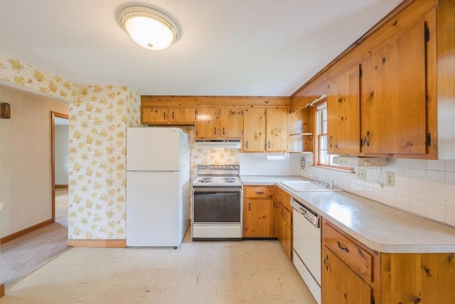 28 Marks Rd, Weymouth, MA 02189 - kitchen featuring white appliances, under cabinet range hood, light countertops, tasteful backsplash, and wallpapered walls