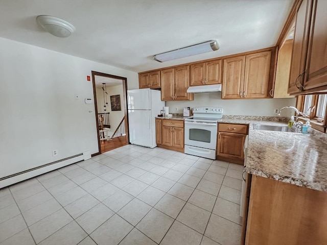 kitchen with brown cabinets, light tile patterned floors, a sink, white appliances, and under cabinet range hood