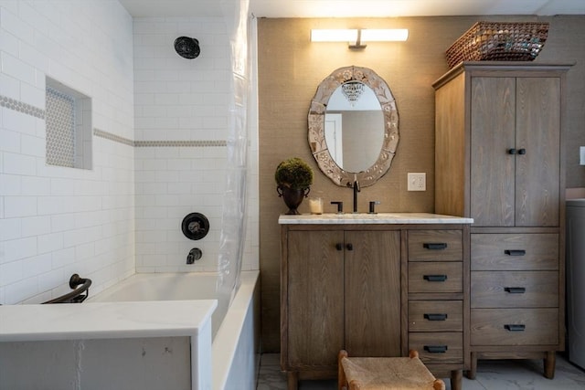 32 Fern St, Concord, MA 01742 - bathroom with marble finish floors, vanity, and tub / shower combination